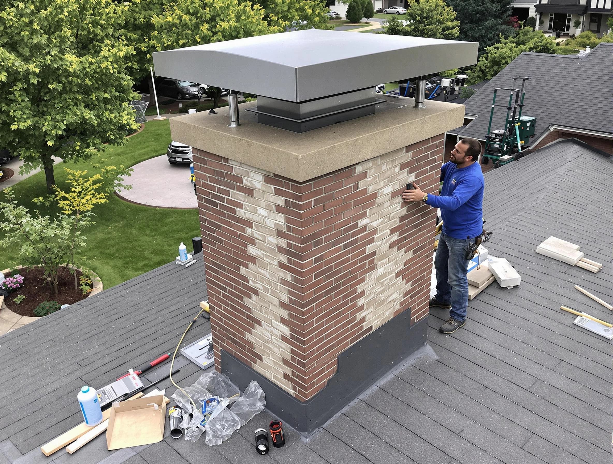 Rostraver Chimney Sweep team working on a custom chimney remodel in Rostraver, PA