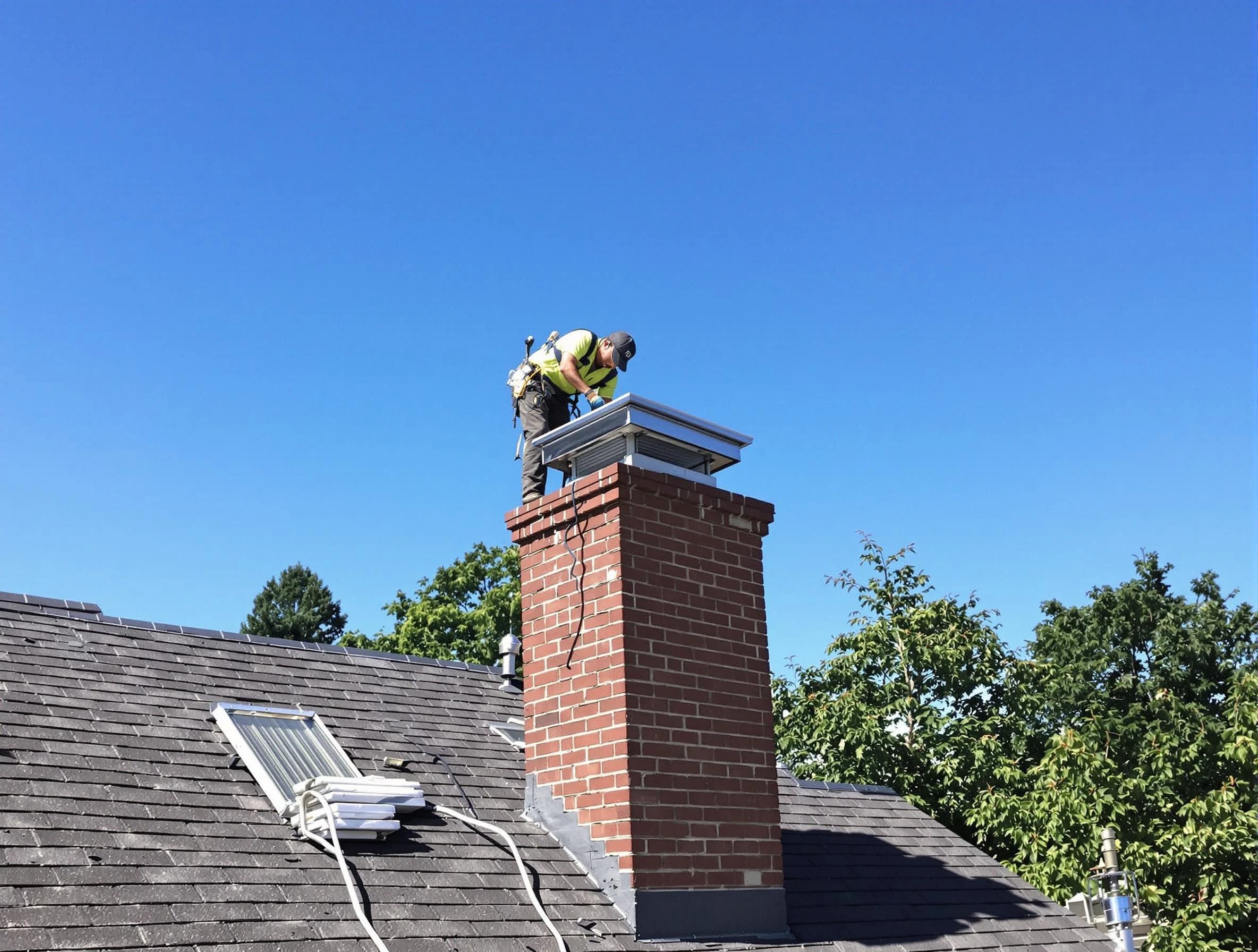 Rostraver Chimney Sweep technician measuring a chimney cap in Rostraver, PA